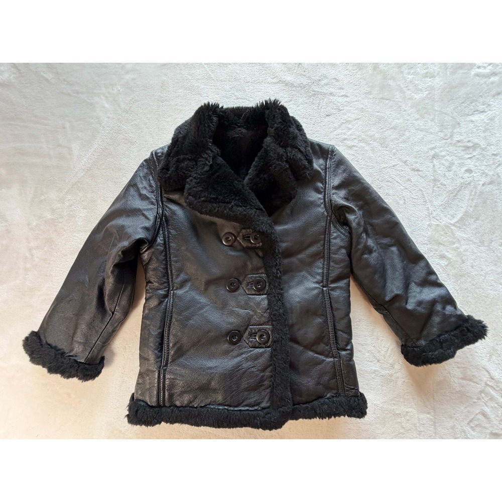 Vintage Black Leather Faux Shearling Lined Double Breasted Coat Kids L Excellent
